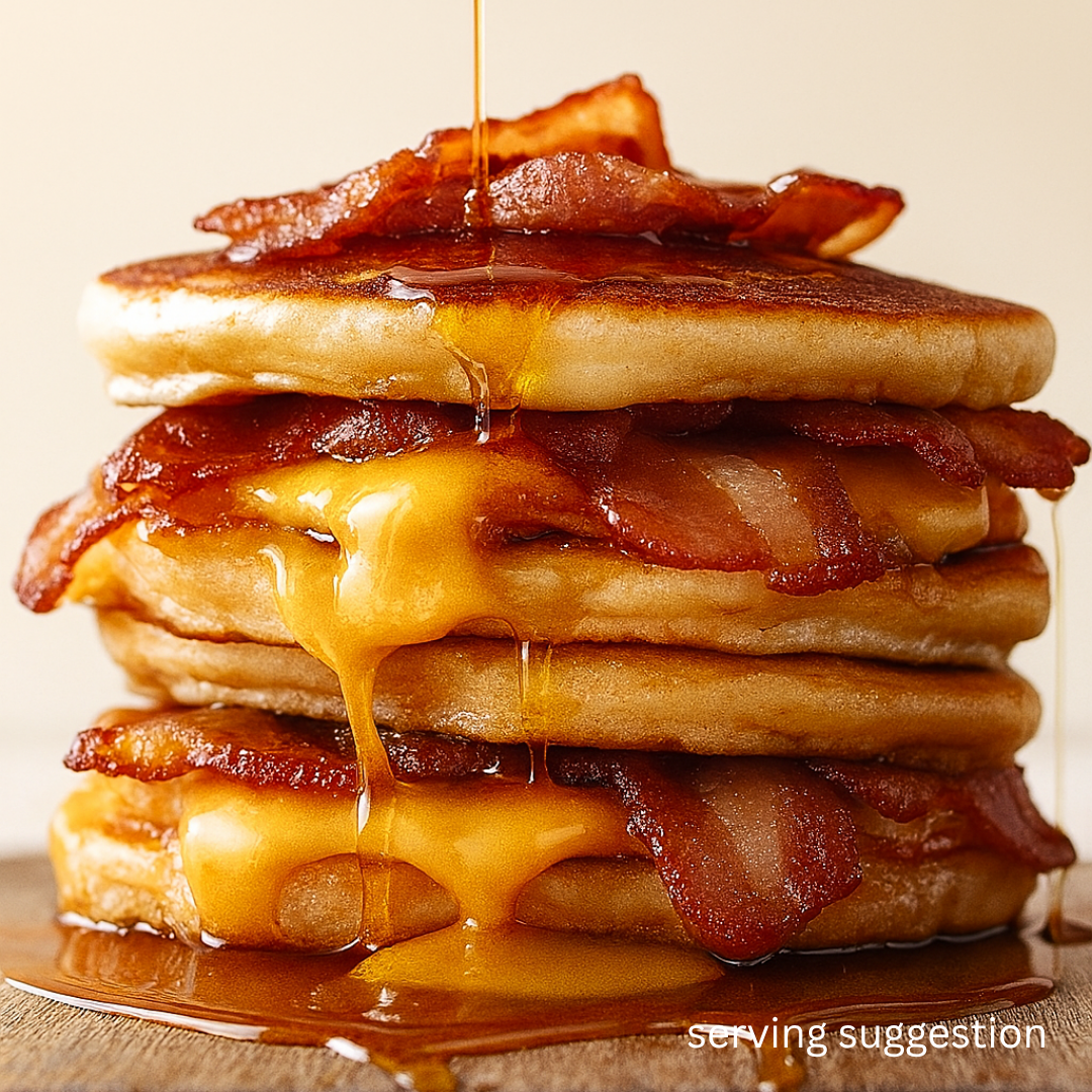Stack of Original Flavour protein pancakes made by SwoleCakes NZ & AUS with bacon and syrup on a wooden surface as a serving suggestion.